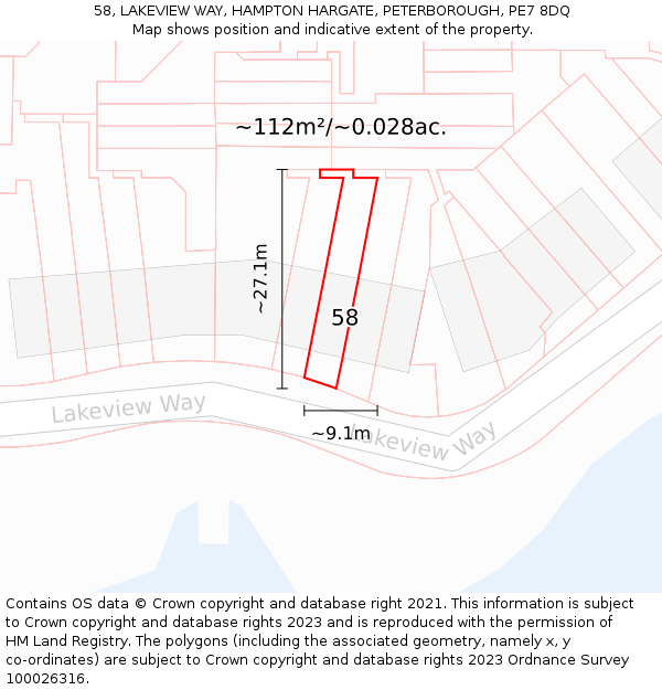 58, LAKEVIEW WAY, HAMPTON HARGATE, PETERBOROUGH, PE7 8DQ: Plot and title map