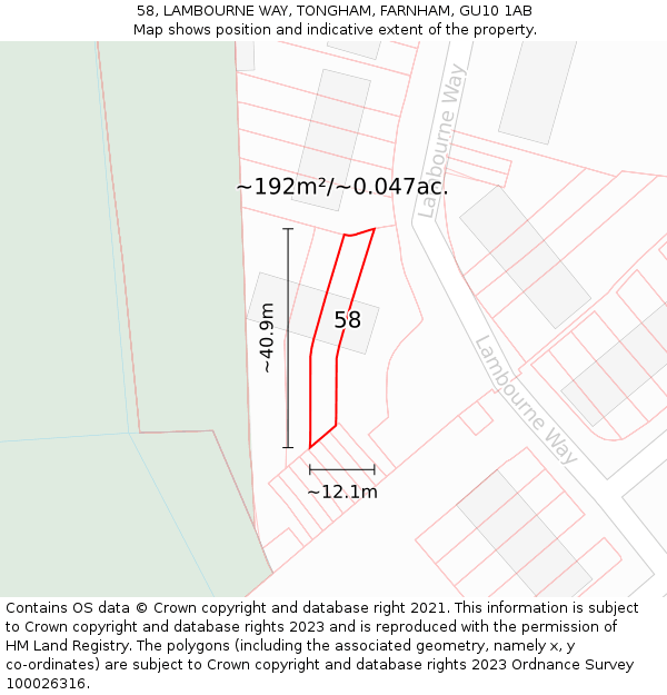 58, LAMBOURNE WAY, TONGHAM, FARNHAM, GU10 1AB: Plot and title map