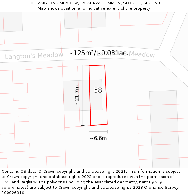 58, LANGTONS MEADOW, FARNHAM COMMON, SLOUGH, SL2 3NR: Plot and title map