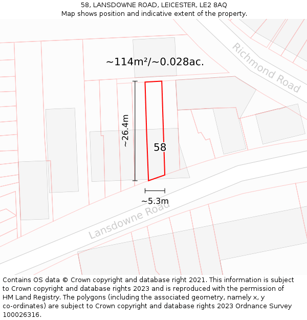 58, LANSDOWNE ROAD, LEICESTER, LE2 8AQ: Plot and title map