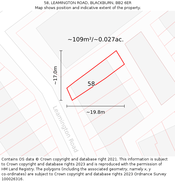 58, LEAMINGTON ROAD, BLACKBURN, BB2 6ER: Plot and title map