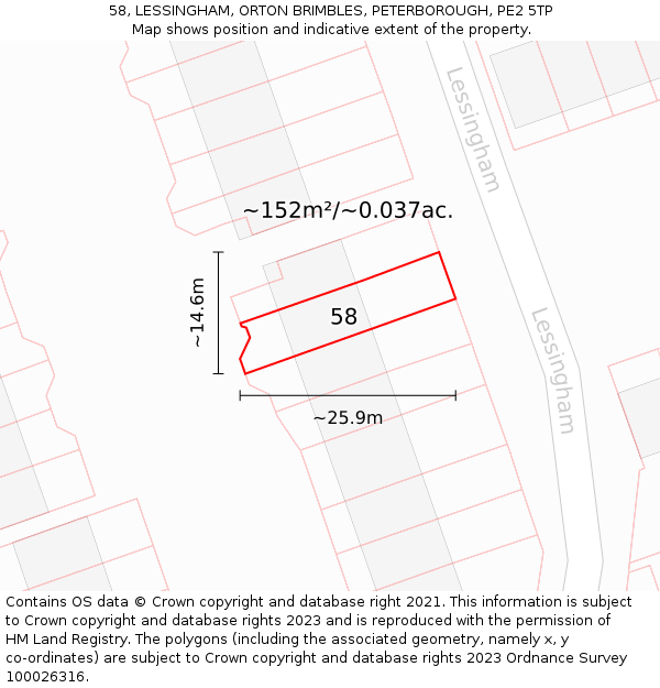58, LESSINGHAM, ORTON BRIMBLES, PETERBOROUGH, PE2 5TP: Plot and title map