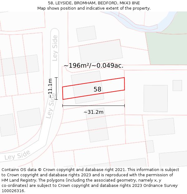 58, LEYSIDE, BROMHAM, BEDFORD, MK43 8NE: Plot and title map