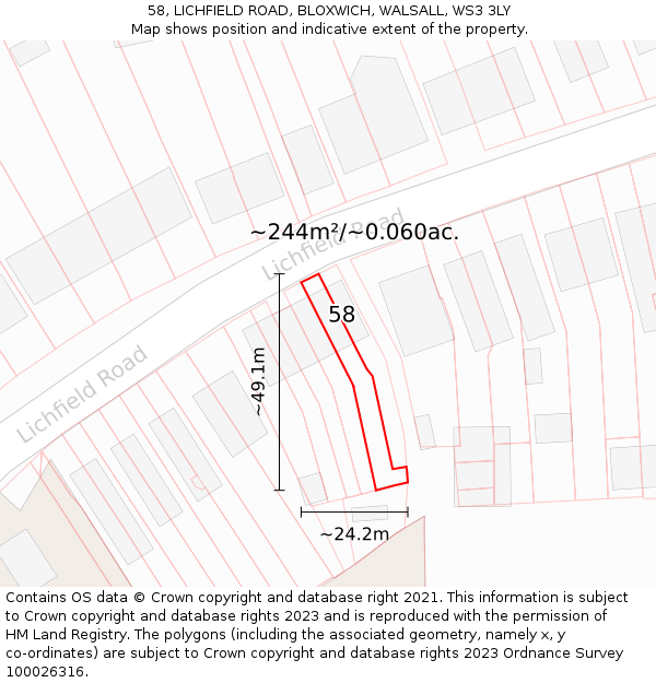 58, LICHFIELD ROAD, BLOXWICH, WALSALL, WS3 3LY: Plot and title map