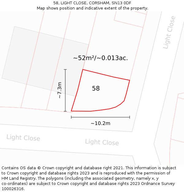 58, LIGHT CLOSE, CORSHAM, SN13 0DF: Plot and title map