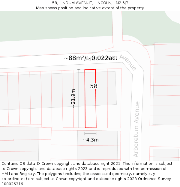 58, LINDUM AVENUE, LINCOLN, LN2 5JB: Plot and title map