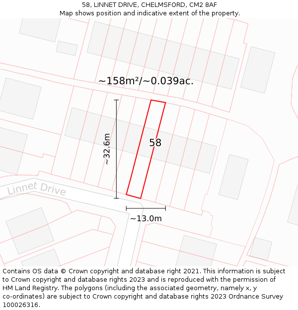 58, LINNET DRIVE, CHELMSFORD, CM2 8AF: Plot and title map