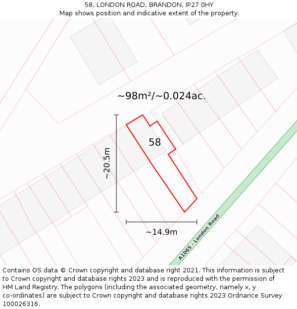 58, LONDON ROAD, BRANDON, IP27 0HY: Plot and title map