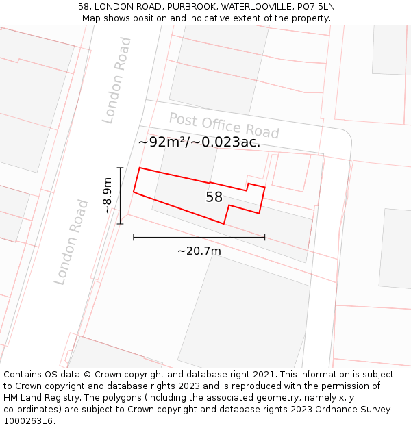 58, LONDON ROAD, PURBROOK, WATERLOOVILLE, PO7 5LN: Plot and title map