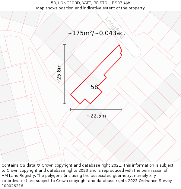 58, LONGFORD, YATE, BRISTOL, BS37 4JW: Plot and title map