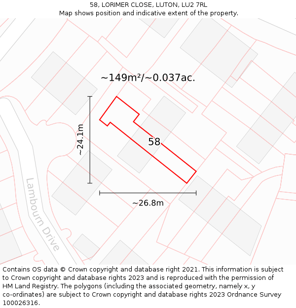 58, LORIMER CLOSE, LUTON, LU2 7RL: Plot and title map