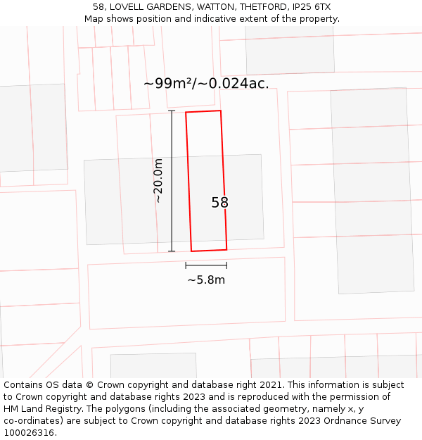 58, LOVELL GARDENS, WATTON, THETFORD, IP25 6TX: Plot and title map