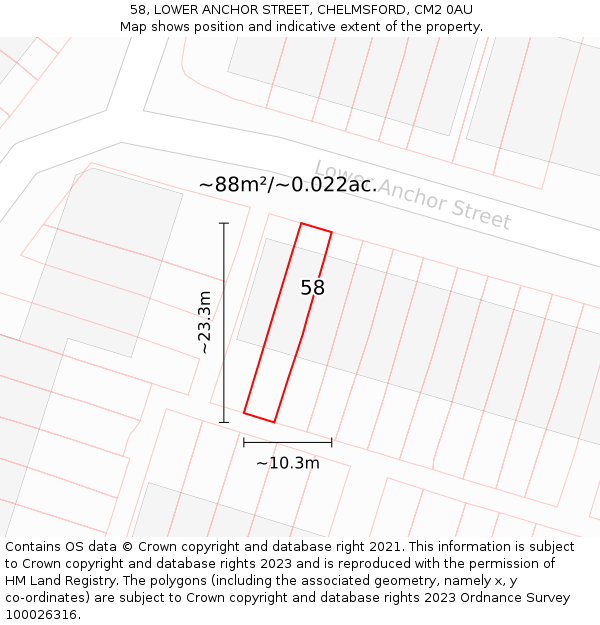 58, LOWER ANCHOR STREET, CHELMSFORD, CM2 0AU: Plot and title map