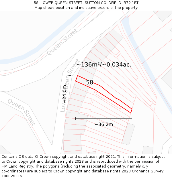 58, LOWER QUEEN STREET, SUTTON COLDFIELD, B72 1RT: Plot and title map