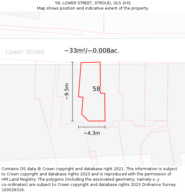 58, LOWER STREET, STROUD, GL5 2HS: Plot and title map