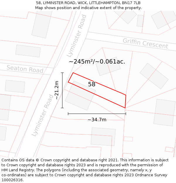 58, LYMINSTER ROAD, WICK, LITTLEHAMPTON, BN17 7LB: Plot and title map