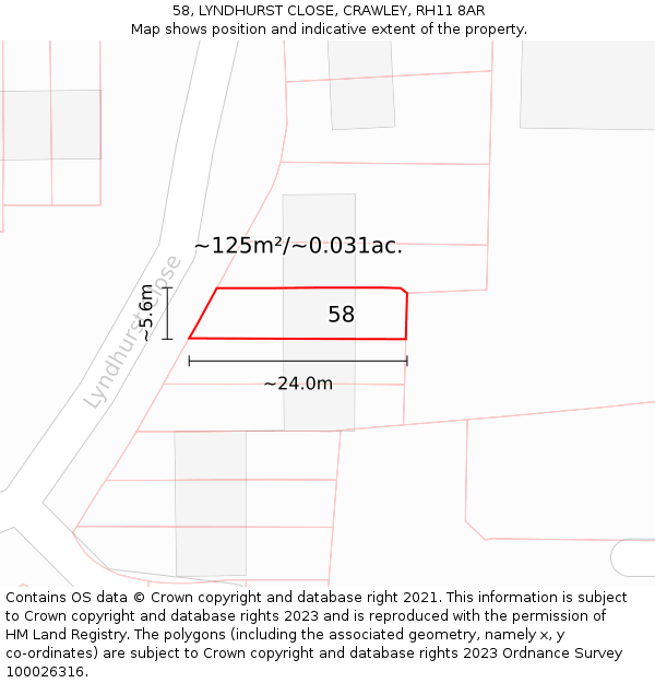 58, LYNDHURST CLOSE, CRAWLEY, RH11 8AR: Plot and title map