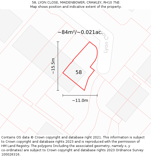 58, LYON CLOSE, MAIDENBOWER, CRAWLEY, RH10 7NE: Plot and title map
