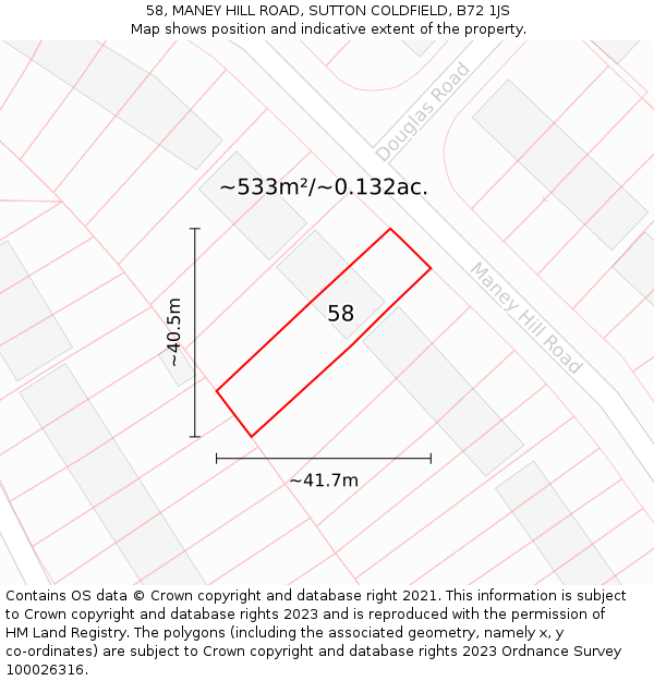 58, MANEY HILL ROAD, SUTTON COLDFIELD, B72 1JS: Plot and title map
