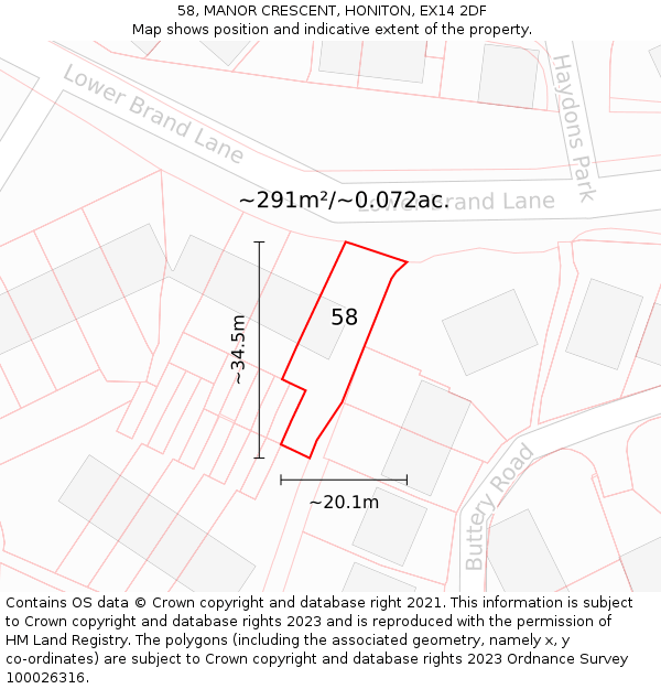 58, MANOR CRESCENT, HONITON, EX14 2DF: Plot and title map