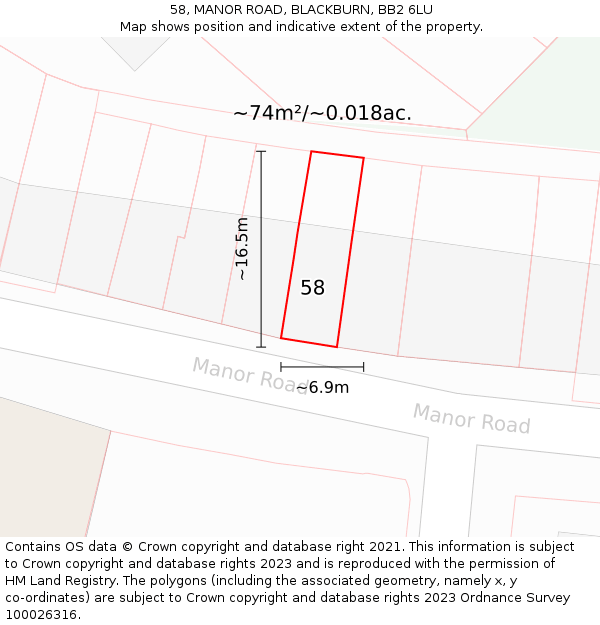 58, MANOR ROAD, BLACKBURN, BB2 6LU: Plot and title map