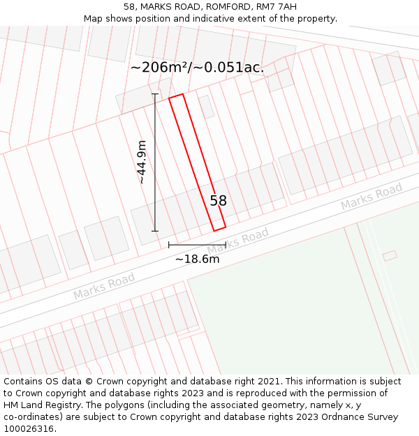 58, MARKS ROAD, ROMFORD, RM7 7AH: Plot and title map
