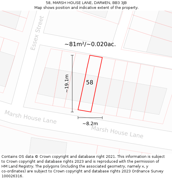 58, MARSH HOUSE LANE, DARWEN, BB3 3JB: Plot and title map