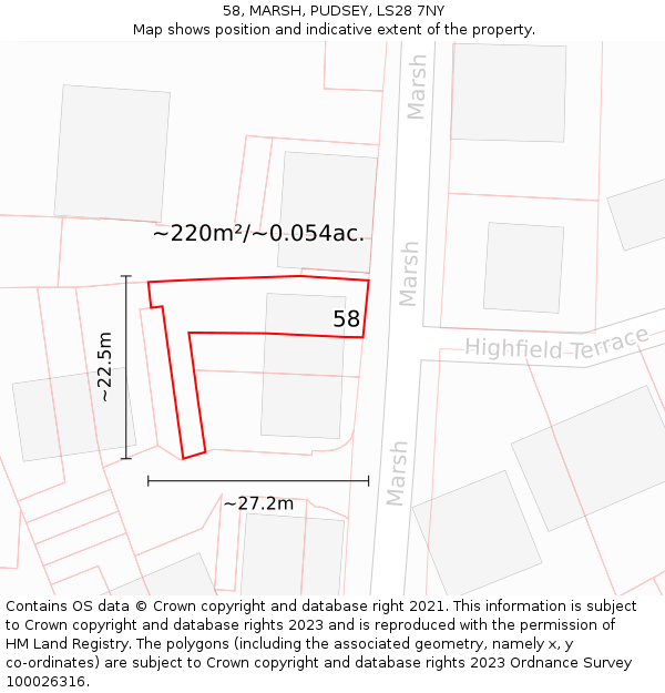 58, MARSH, PUDSEY, LS28 7NY: Plot and title map