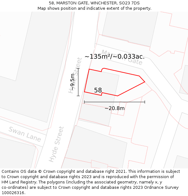 58, MARSTON GATE, WINCHESTER, SO23 7DS: Plot and title map