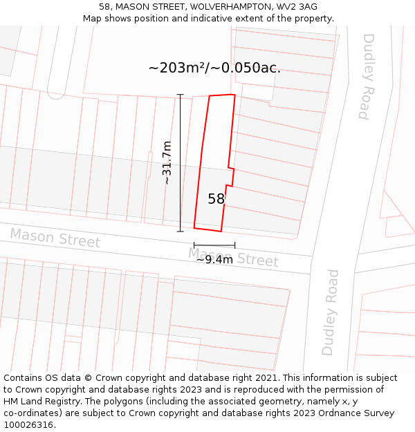 58, MASON STREET, WOLVERHAMPTON, WV2 3AG: Plot and title map