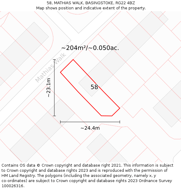 58, MATHIAS WALK, BASINGSTOKE, RG22 4BZ: Plot and title map