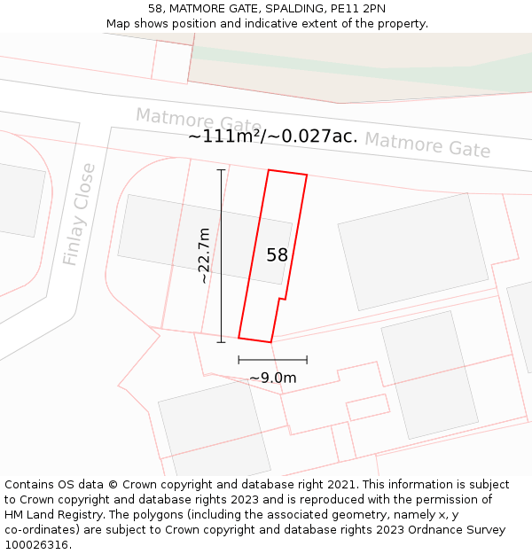 58, MATMORE GATE, SPALDING, PE11 2PN: Plot and title map