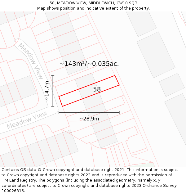 58, MEADOW VIEW, MIDDLEWICH, CW10 9QB: Plot and title map