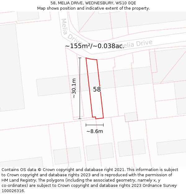 58, MELIA DRIVE, WEDNESBURY, WS10 0QE: Plot and title map