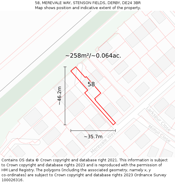 58, MEREVALE WAY, STENSON FIELDS, DERBY, DE24 3BR: Plot and title map