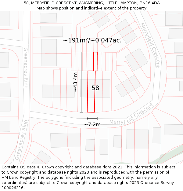 58, MERRYFIELD CRESCENT, ANGMERING, LITTLEHAMPTON, BN16 4DA: Plot and title map