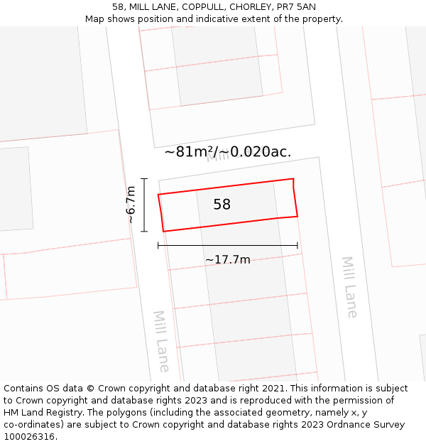 58, MILL LANE, COPPULL, CHORLEY, PR7 5AN: Plot and title map