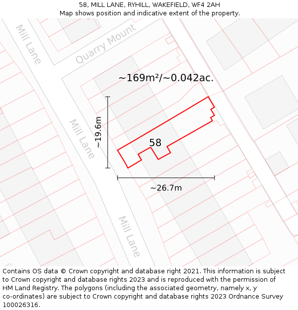 58, MILL LANE, RYHILL, WAKEFIELD, WF4 2AH: Plot and title map