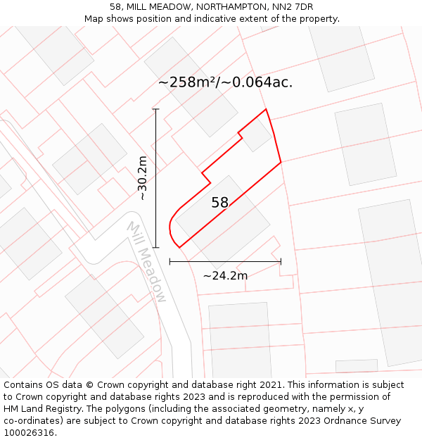 58, MILL MEADOW, NORTHAMPTON, NN2 7DR: Plot and title map