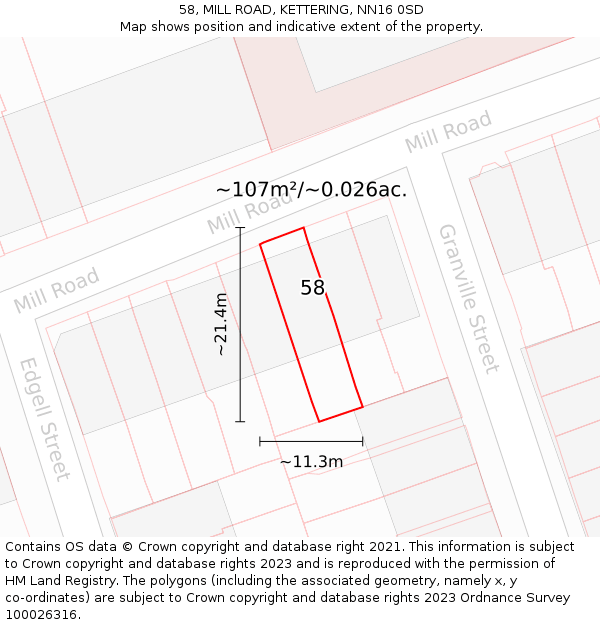 58, MILL ROAD, KETTERING, NN16 0SD: Plot and title map