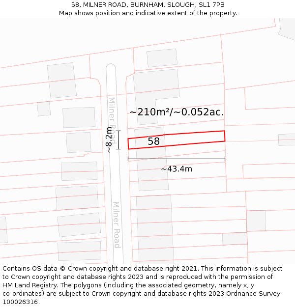 58, MILNER ROAD, BURNHAM, SLOUGH, SL1 7PB: Plot and title map