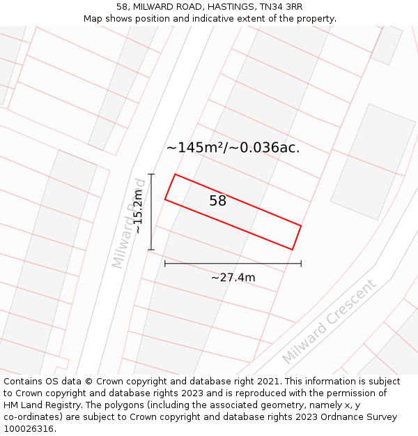 58, MILWARD ROAD, HASTINGS, TN34 3RR: Plot and title map