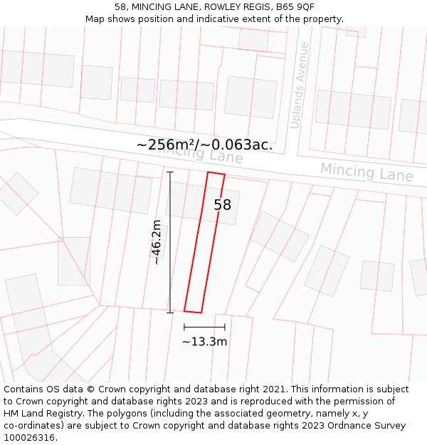 58, MINCING LANE, ROWLEY REGIS, B65 9QF: Plot and title map