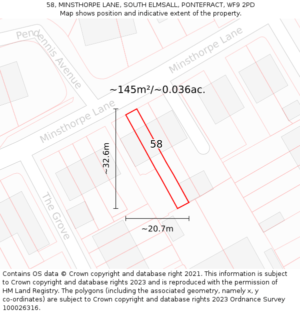 58, MINSTHORPE LANE, SOUTH ELMSALL, PONTEFRACT, WF9 2PD: Plot and title map