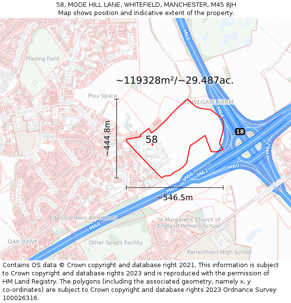 58, MODE HILL LANE, WHITEFIELD, MANCHESTER, M45 8JH: Plot and title map