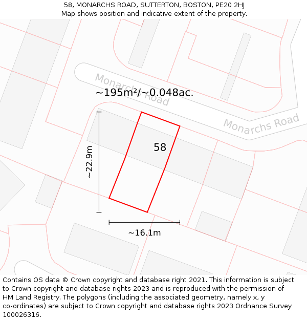 58, MONARCHS ROAD, SUTTERTON, BOSTON, PE20 2HJ: Plot and title map