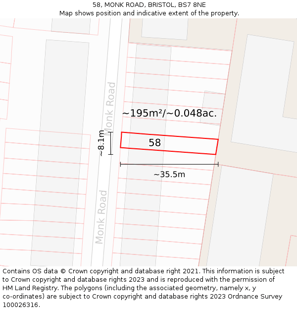 58, MONK ROAD, BRISTOL, BS7 8NE: Plot and title map