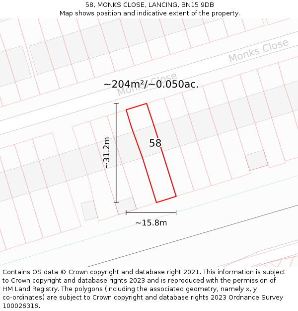 58, MONKS CLOSE, LANCING, BN15 9DB: Plot and title map