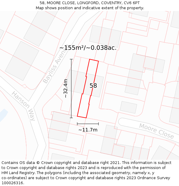 58, MOORE CLOSE, LONGFORD, COVENTRY, CV6 6PT: Plot and title map