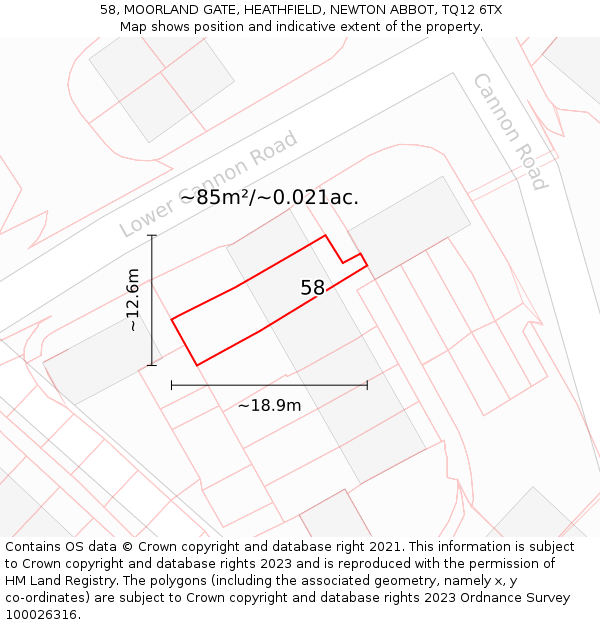 58, MOORLAND GATE, HEATHFIELD, NEWTON ABBOT, TQ12 6TX: Plot and title map